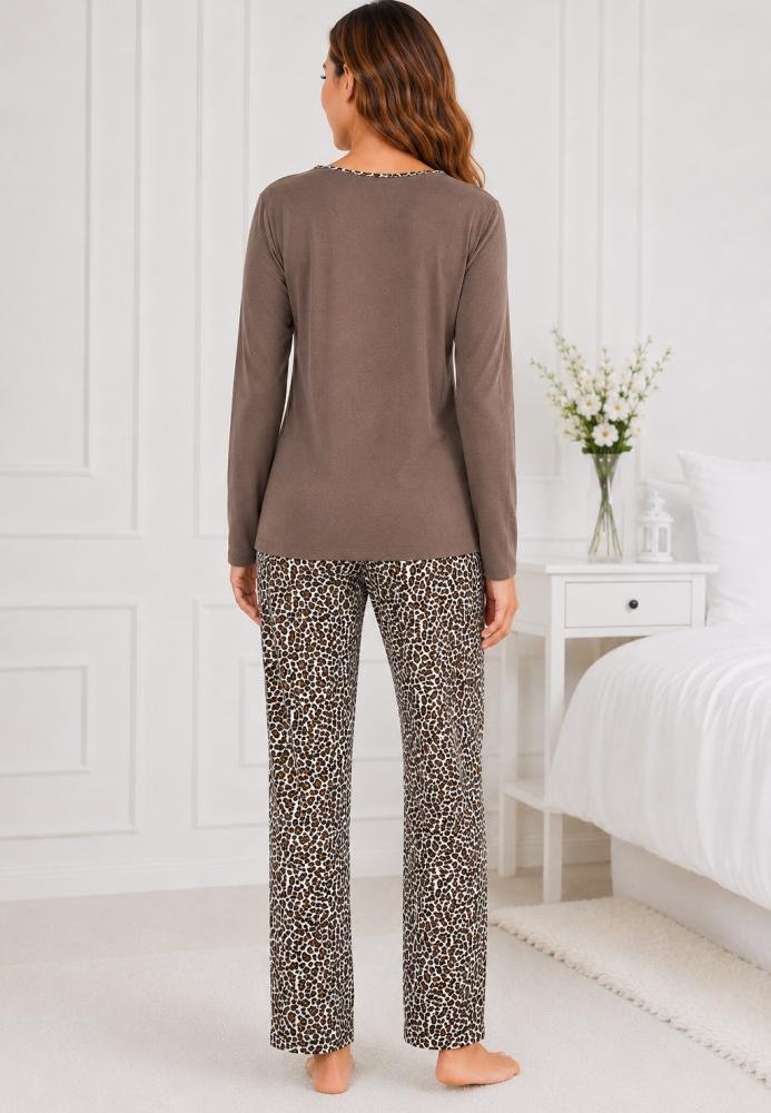 Pijama Elegantă de Dama cu Mânecă Lungă – Imprimeu Leopard Chic maro — imagine 2