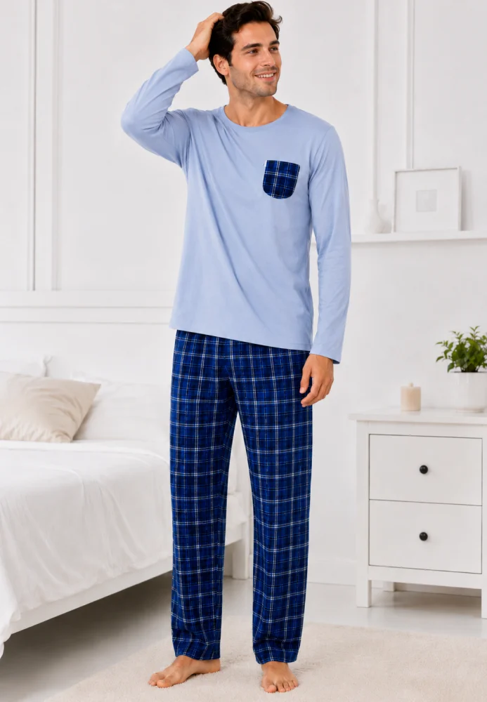 Pijama Bărbați Confortabilă din Bumbac: Bluză Albastru Deschis și Pantaloni Carouri — imagine 3
