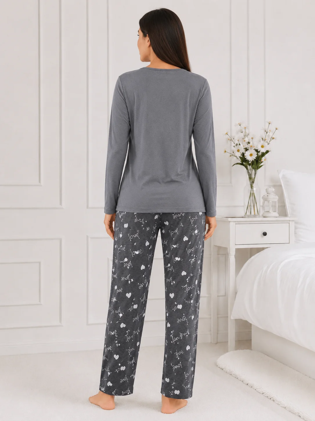 Pijama dama bumbac, set 2 piese bluza maneca lunga si pantaloni lungi, imprimeu inimi "Love You — imagine 2