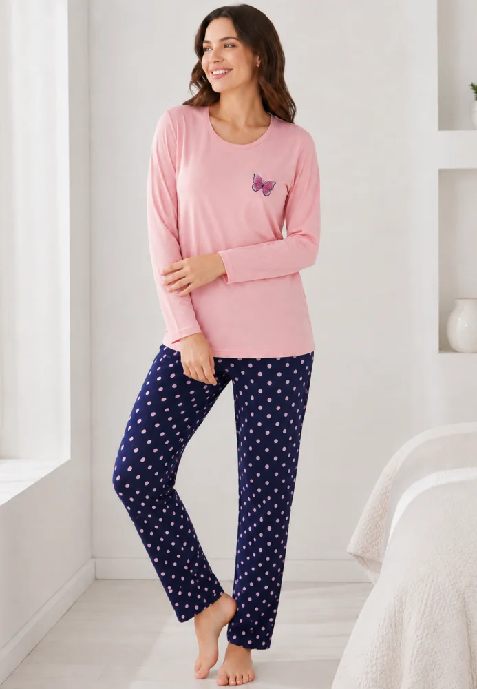 Pijama dama roz cu fluture si pantaloni bleumarin cu buline, bluză bumbac