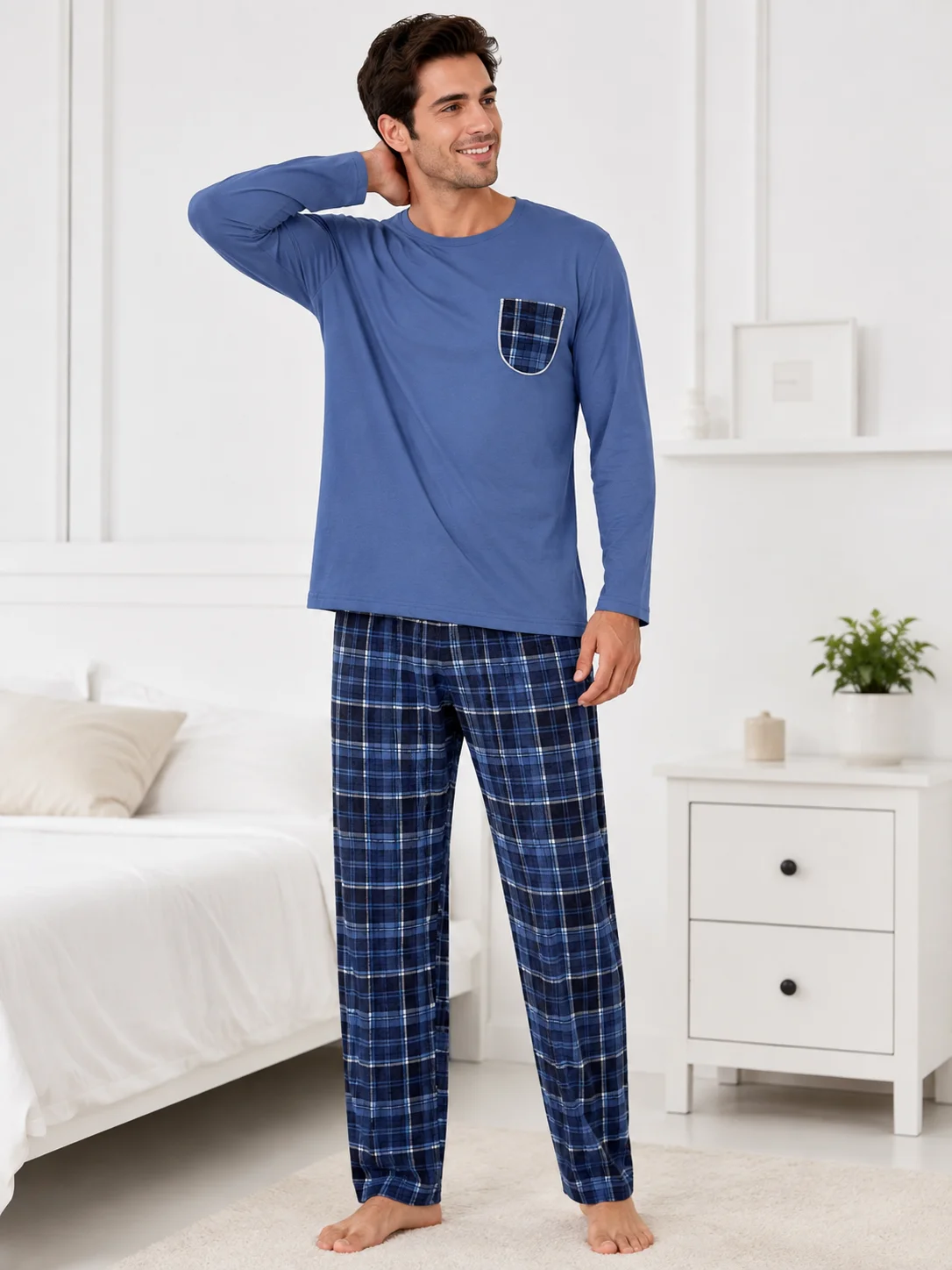 Pijama Bărbați Călduroasă și Confortabilă, Bluză Albastru Indigo cu Buzunar și Pantalon Carouri Plaid — imagine 3