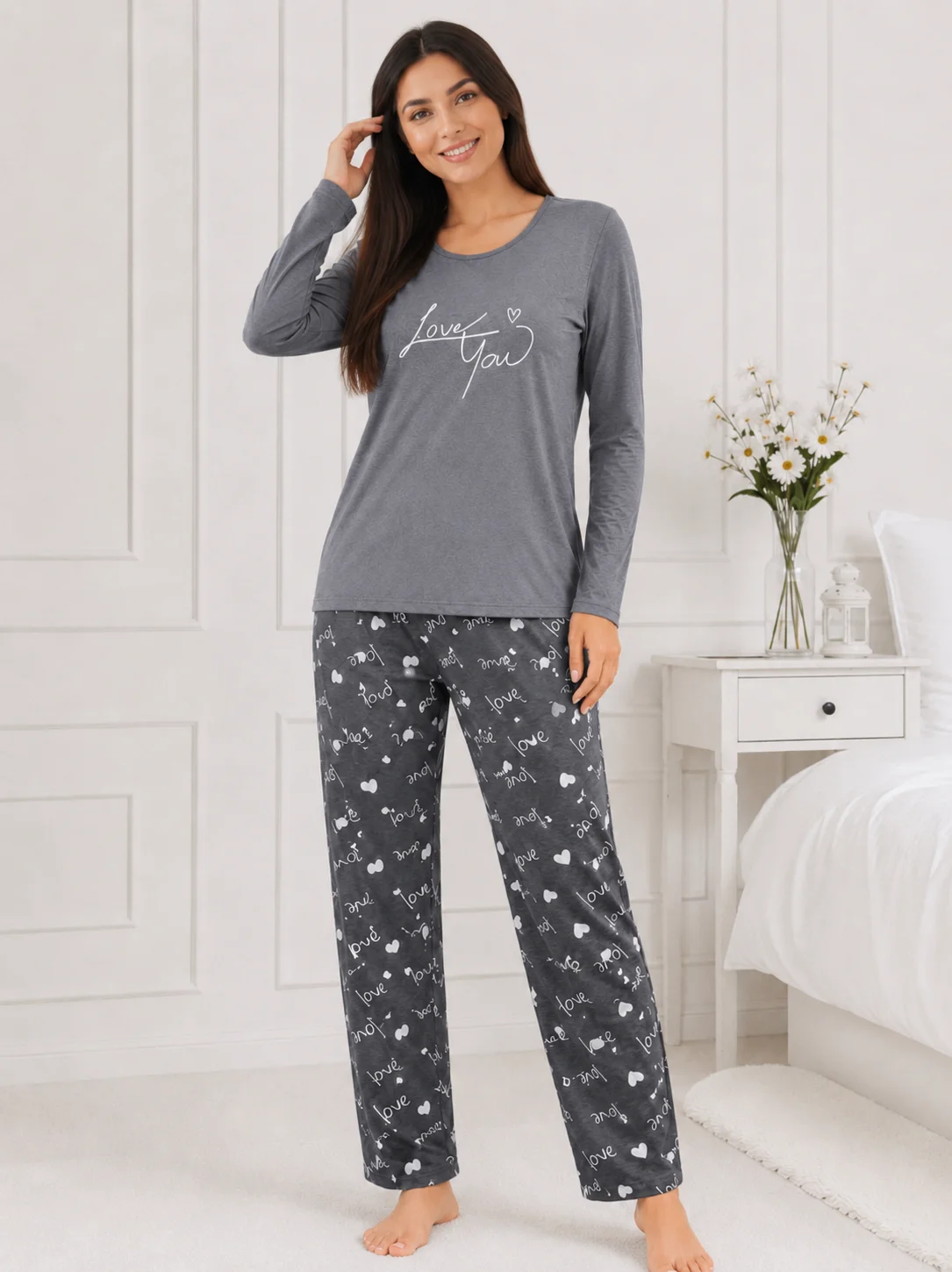 Pijama dama bumbac, set 2 piese bluza maneca lunga si pantaloni lungi, imprimeu inimi "Love You