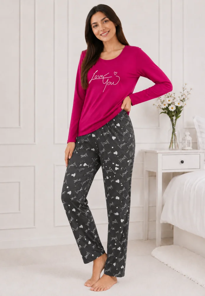 Pijama dama bumbac, set 2 piese bluza maneca lunga si pantaloni lungi, imprimeu inimi "Love You — imagine 3