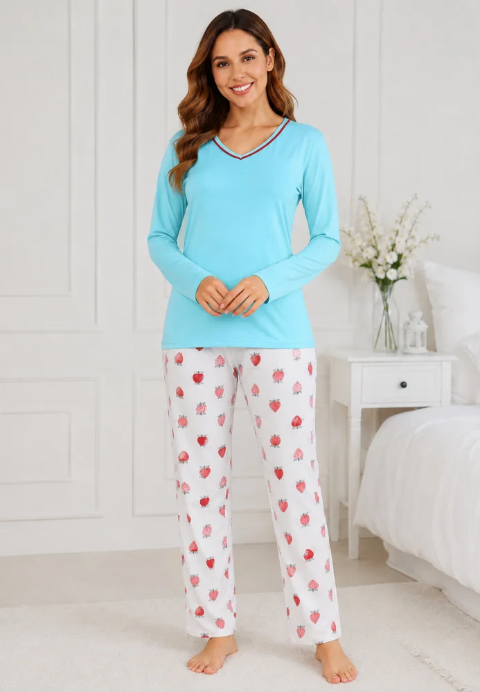 Pijama Damă cu Mâneci Lungi și Pantaloni Lungi, Turcoaz — imagine 3