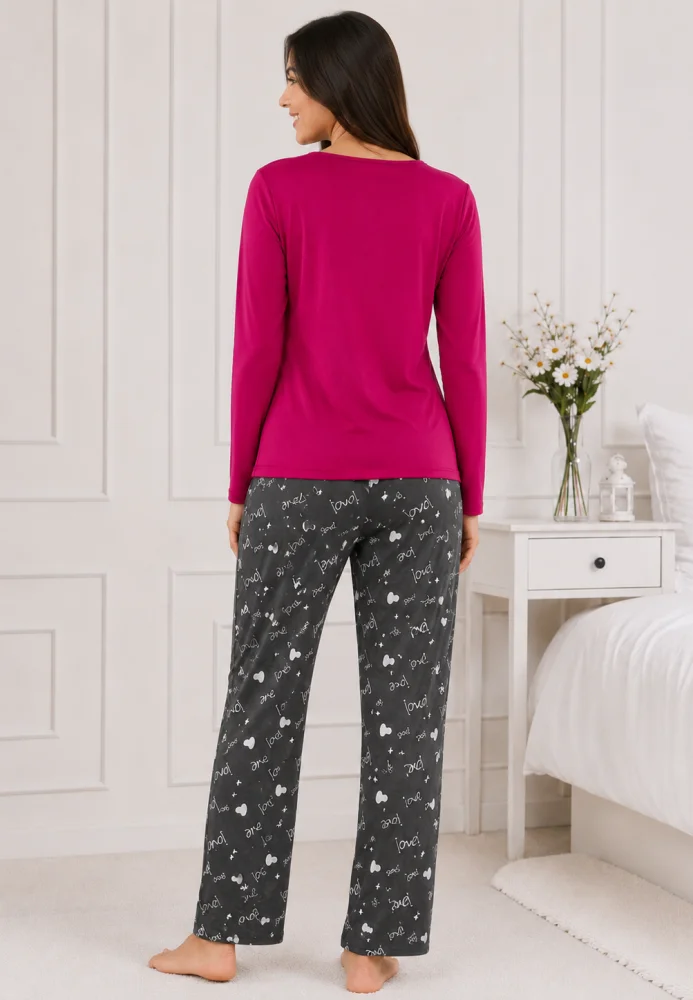 Pijama dama bumbac, set 2 piese bluza maneca lunga si pantaloni lungi, imprimeu inimi "Love You