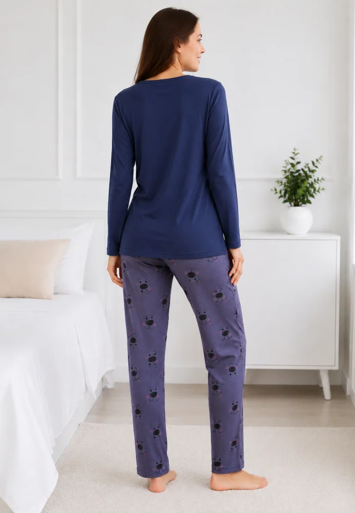 Pijama dama confortabila,bumbac cu maneca lunga si aplicatie catel,blumarin — imagine 2