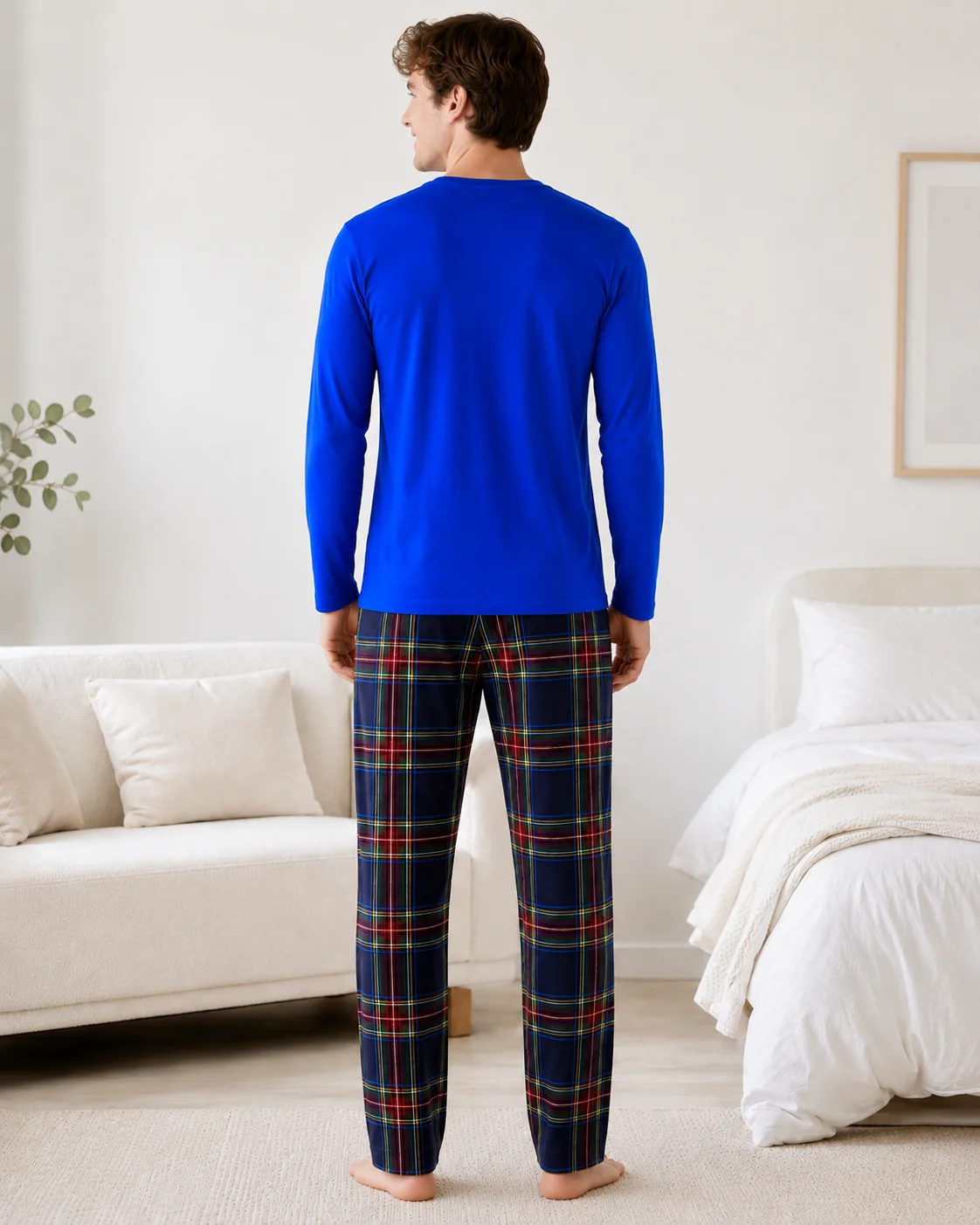 Pijama Bărbați Bumbac  – Bluză Albastru Regal și Pantalon Carouri Multicolor — imagine 2