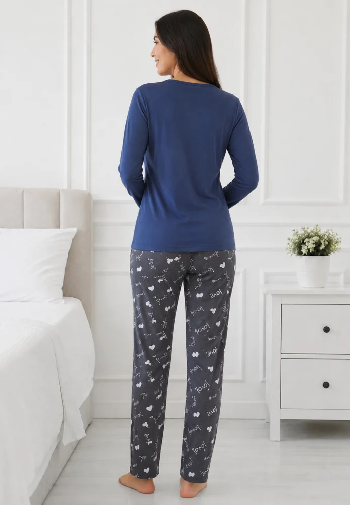 Pijama dama bumbac, set 2 piese bluza maneca lunga si pantaloni lungi, imprimeu inimi "Love You — imagine 2