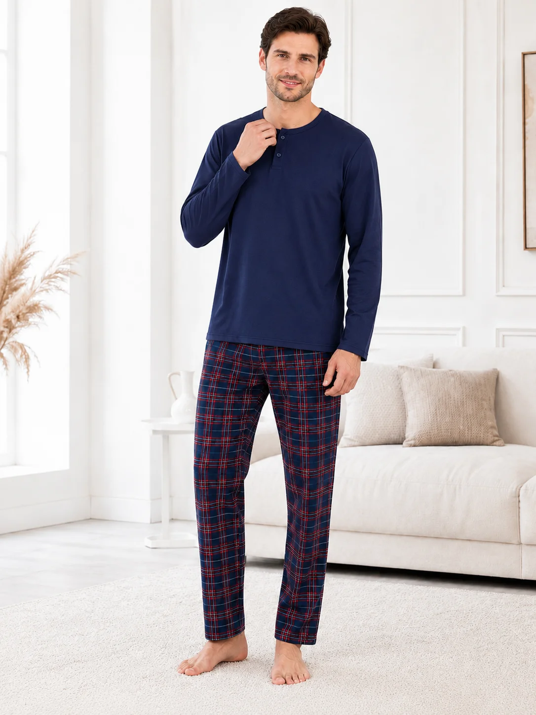 Pijama Bărbați  – Bluză Bleumarin cu Nasturi și Pantalon Carouri Bleumarin/Roșu