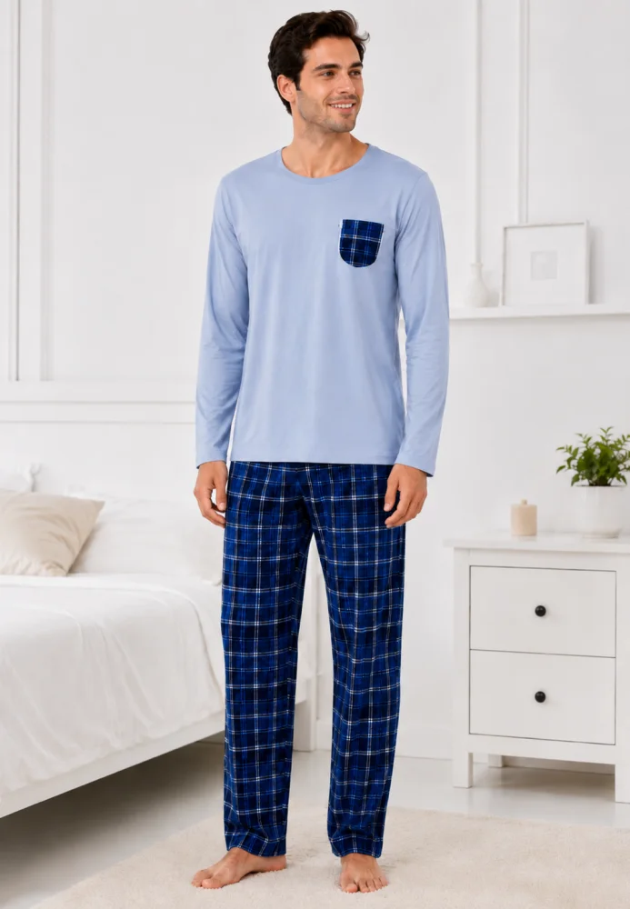 Pijama Bărbați Confortabilă din Bumbac: Bluză Albastru Deschis și Pantaloni Carouri — imagine 1