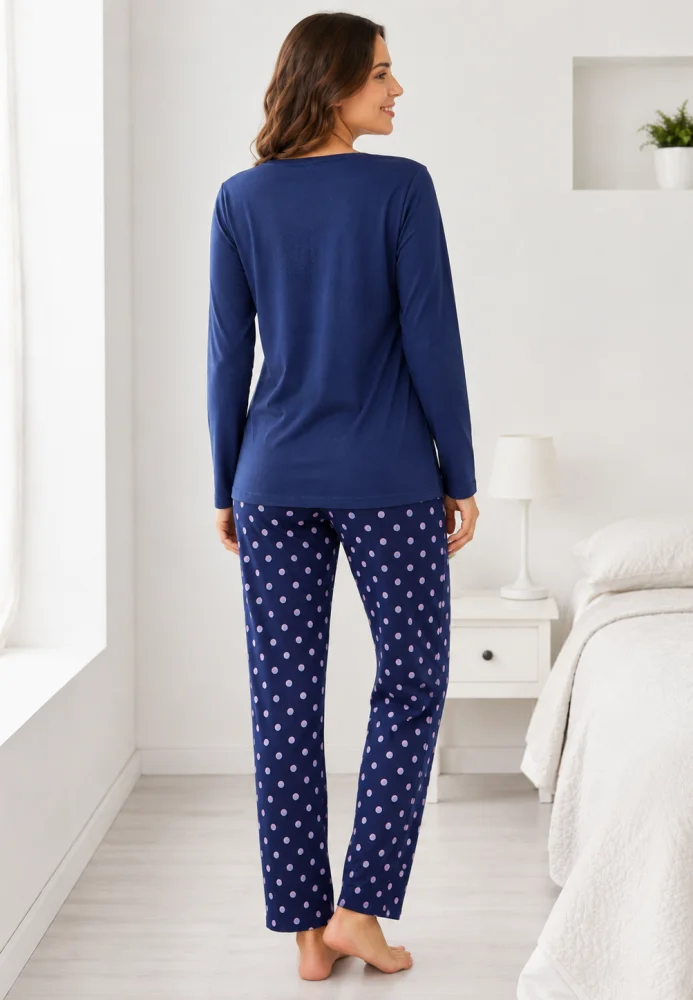 Pijama dama roz cu fluture si pantaloni bleumarin cu buline,bluemarin — imagine 2
