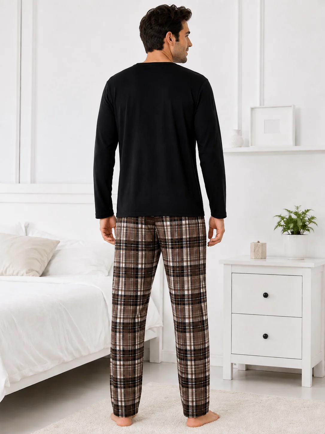 Pijama Bărbați, Bluza cu Mâneci Lungi și Pantalon Lung în Carouri, Negru și Maro, Bumbac