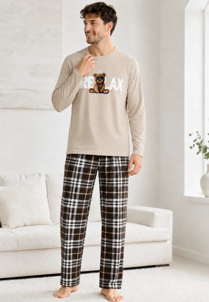 Pijama Bărbați Bej cu Bluză Mâneci Lungi și Pantaloni în Carouri Maro