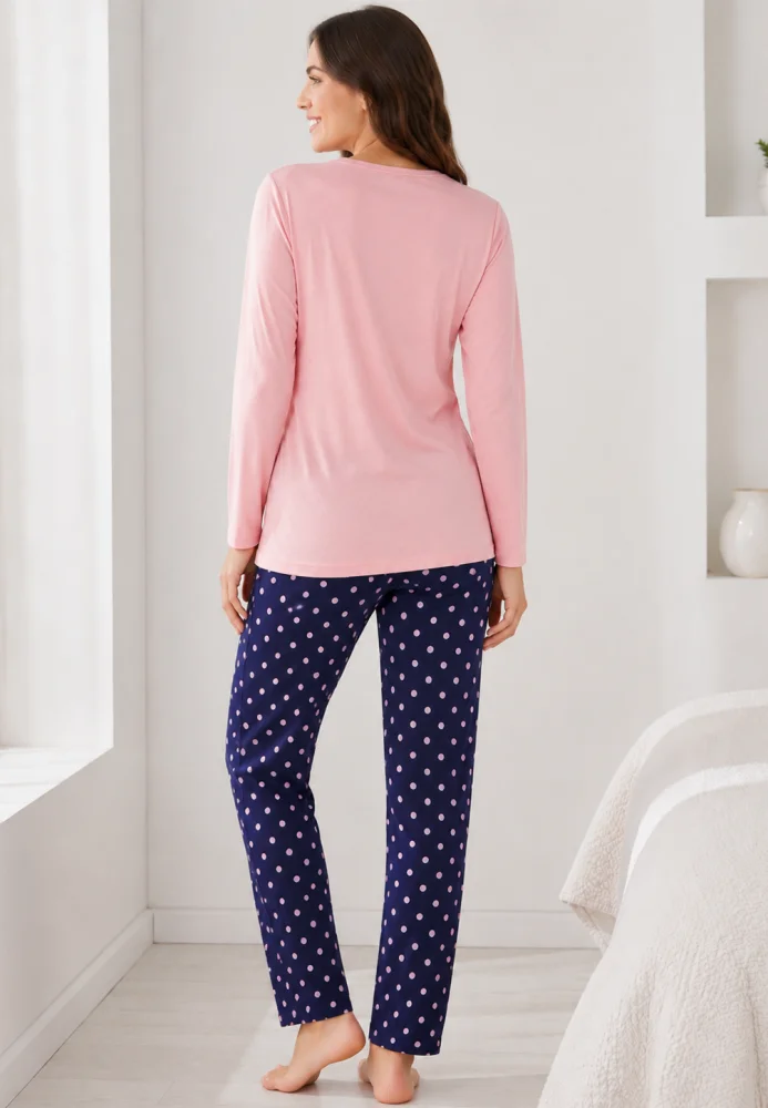 Pijama dama roz cu fluture si pantaloni bleumarin cu buline, bluză bumbac — imagine 2