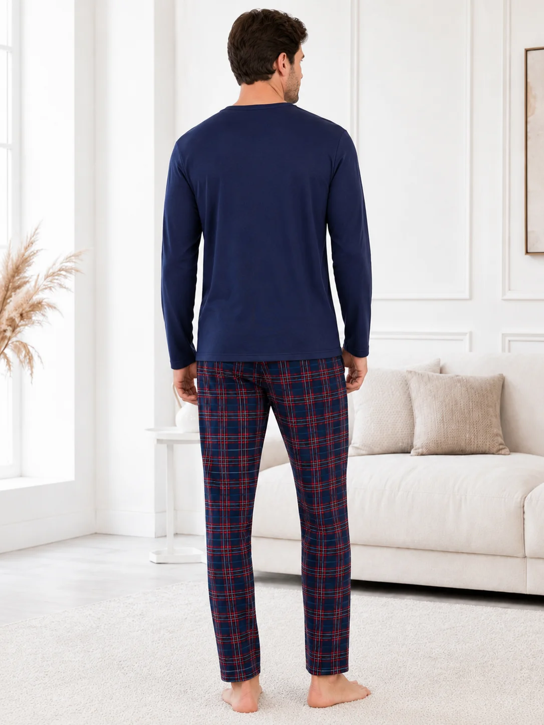 Pijama Bărbați  – Bluză Bleumarin cu Nasturi și Pantalon Carouri Bleumarin/Roșu — imagine 2