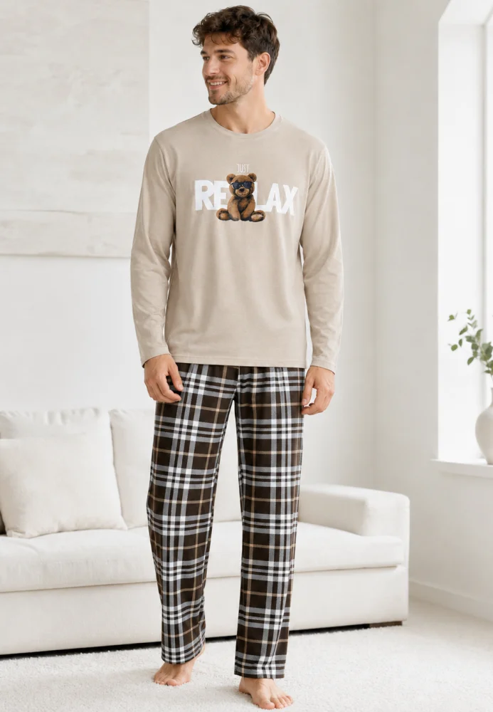 Pijama Bărbați Bej cu Bluză Mâneci Lungi și Pantaloni în Carouri Maro
