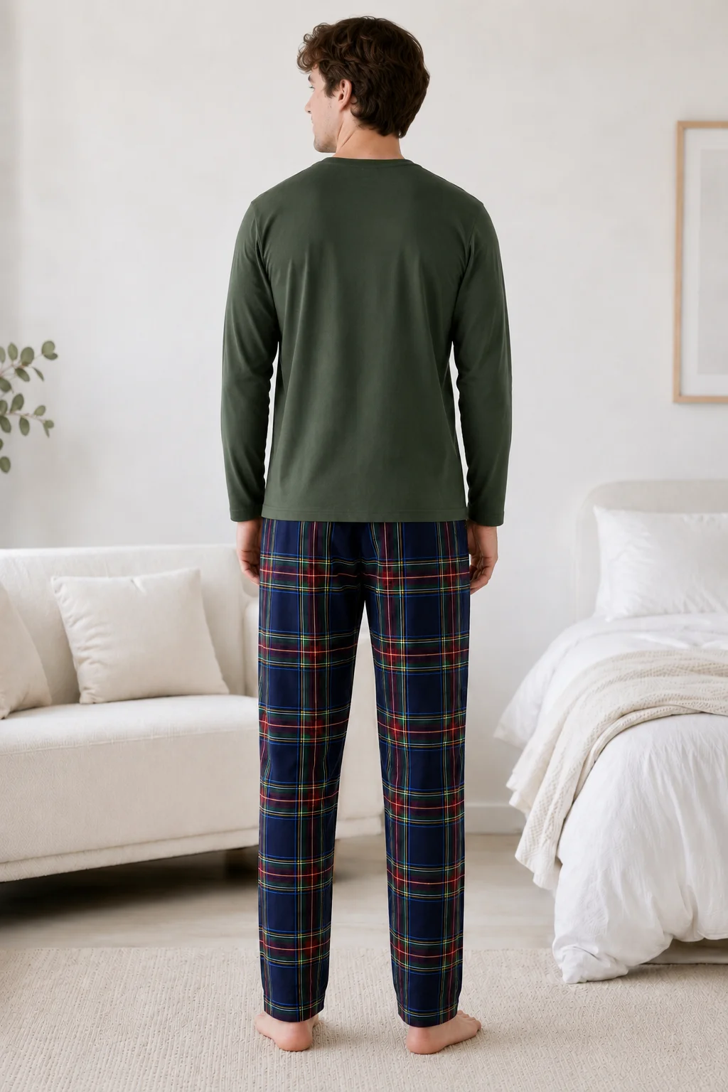 Pijama Bărbați Bumbac – Bluză Verde Kaki și Pantalon Carouri Multicolor — imagine 2