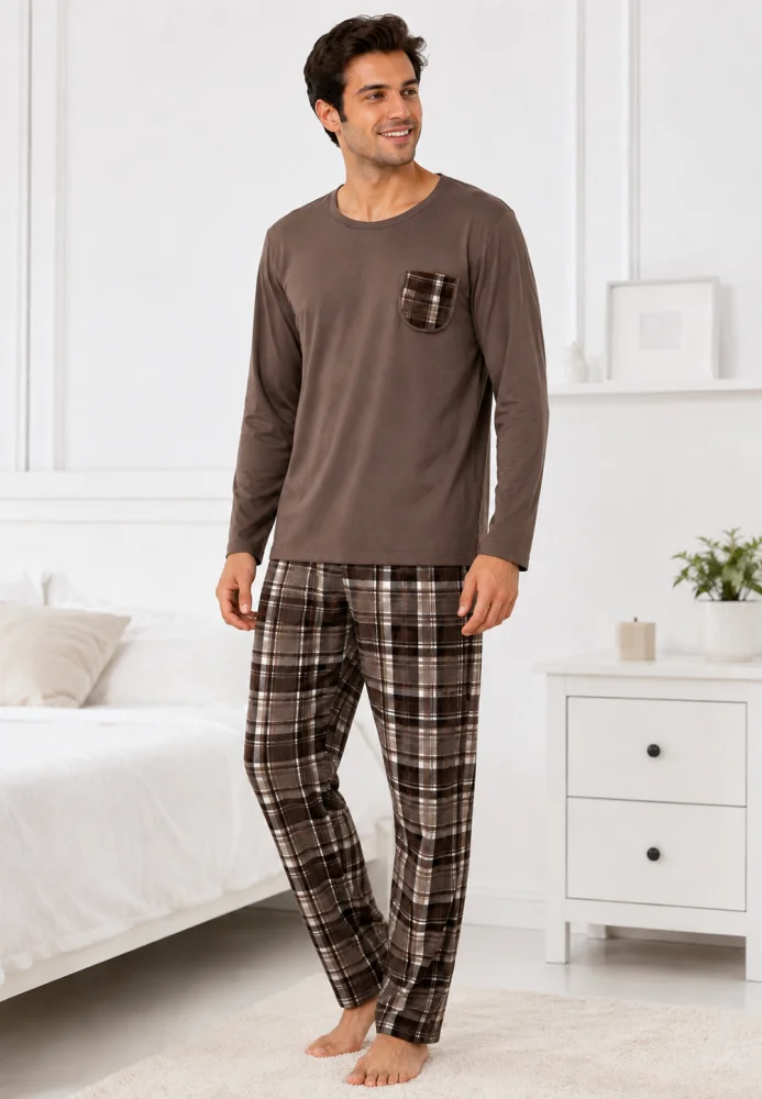 Pijama Bărbați cu Bluza Maro și Pantalon Lung în Carouri, Mâneci Lungi — imagine 1