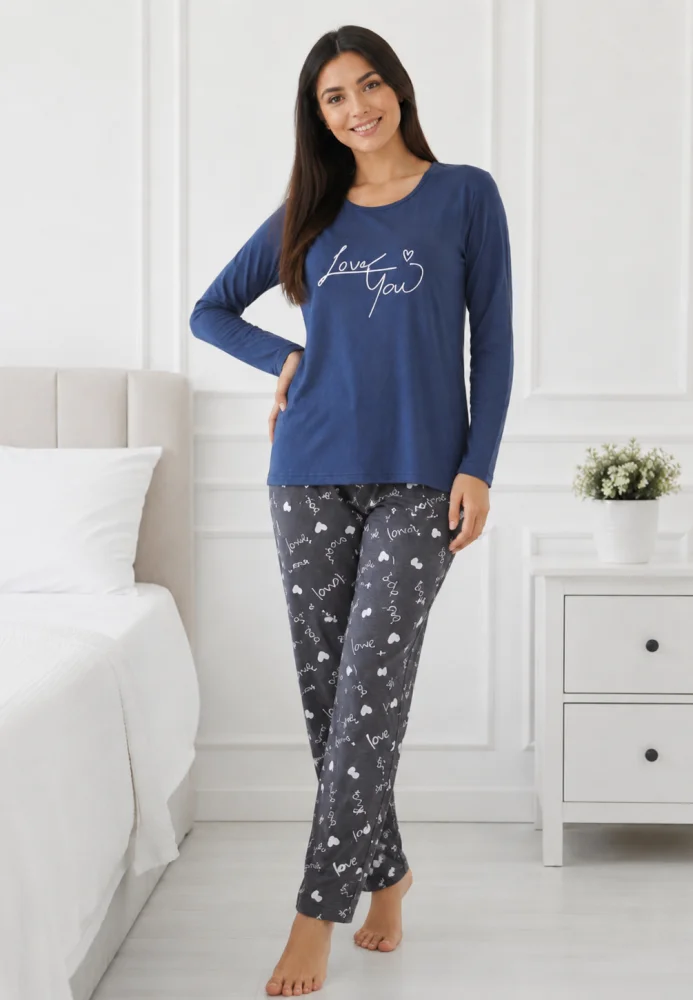 Pijama dama bumbac, set 2 piese bluza maneca lunga si pantaloni lungi, imprimeu inimi "Love You — imagine 1