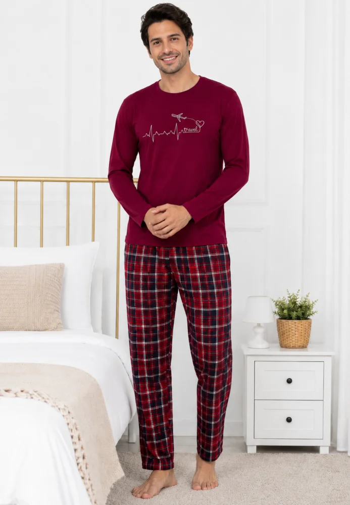 Pijama Bărbați  bumbac – Bluză Vișinie cu Imprimeu și Pantalon în Carouri — imagine 1