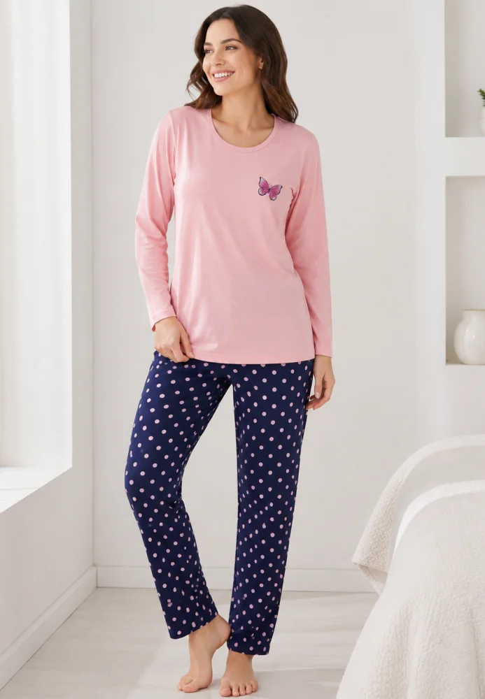 Pijama dama roz cu fluture si pantaloni bleumarin cu buline, bluză bumbac
