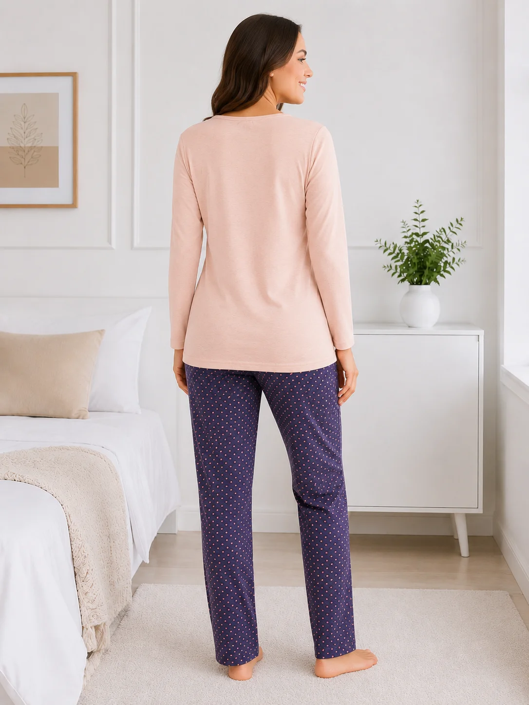 Pijama damă bumbac cu fundiță și pantaloni gri cu buline fine, bumbac