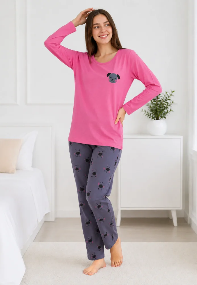 Pijama dama confortabila,bumbac cu maneca lunga si aplicatie catel,roz — imagine 1