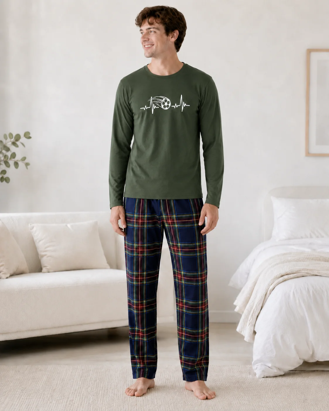 Pijama Bărbați Bumbac – Bluză Verde Kaki și Pantalon Carouri Multicolor — imagine 3