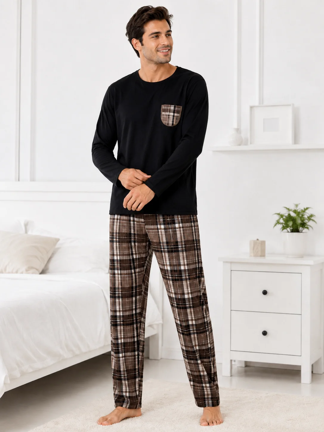 Pijama Bărbați, Bluza cu Mâneci Lungi și Pantalon Lung în Carouri, Negru și Maro, Bumbac