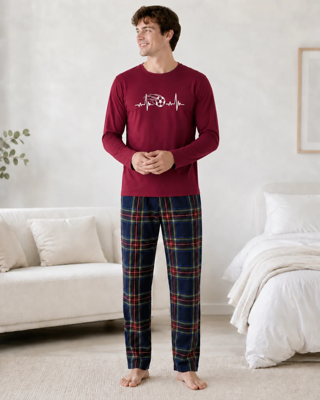 Pijama Bărbați Bordo cu Mânecă Lungă, Bumbac și Pantalon în Carouri Bleumarin — imagine 1