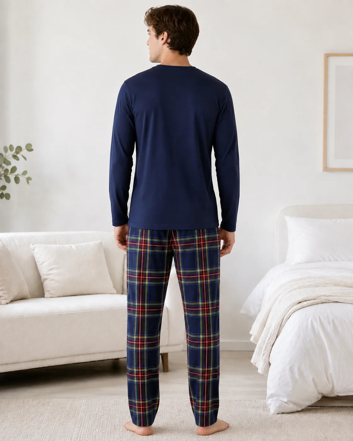 Pijama Bărbați cu Mânecă Lungă, bluză bumbac și pantalon în carouri,  Bleumarin și Pantalon Carouri