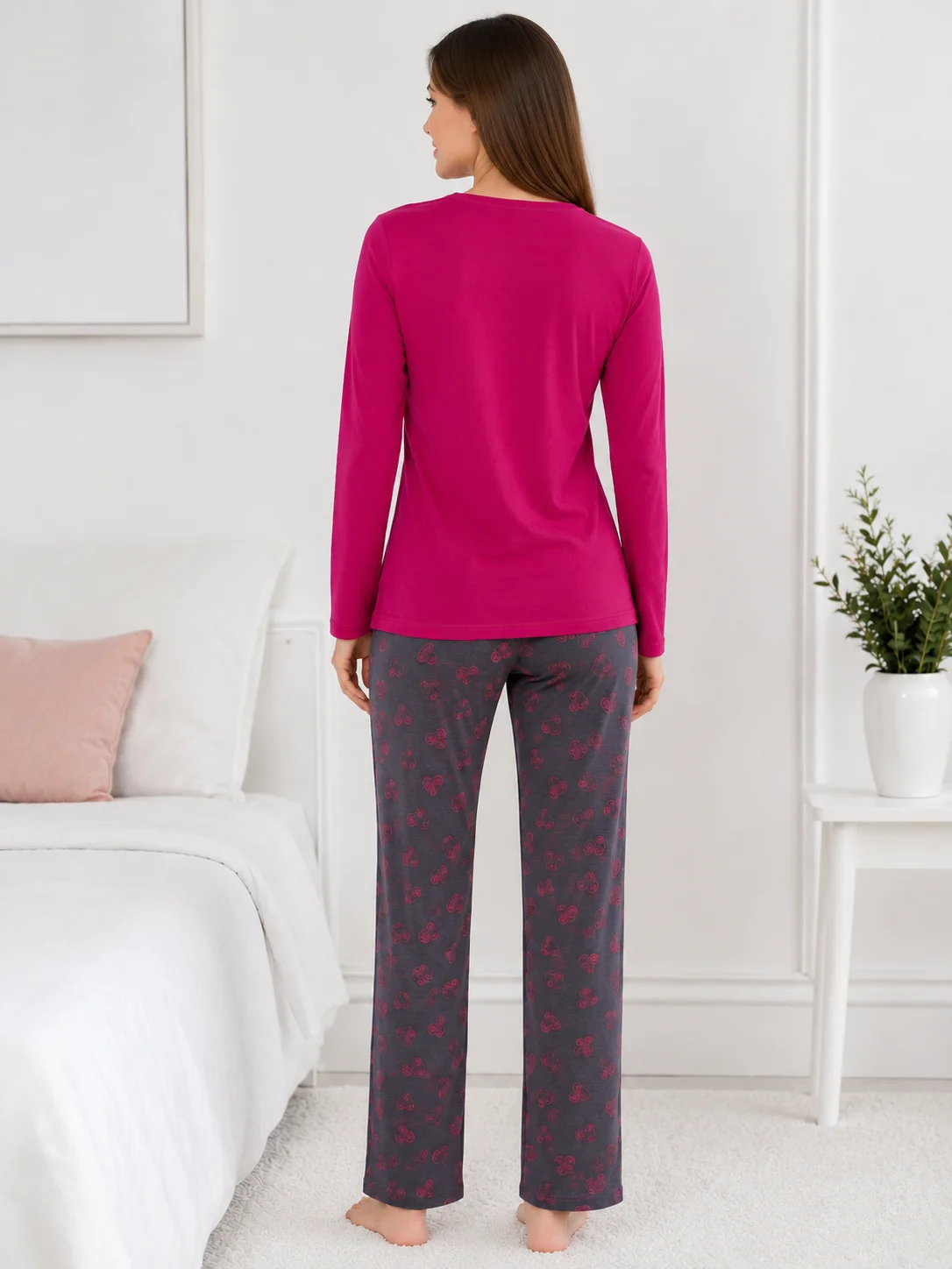 Pijama de Damă cu Mânecă Lungă – Bluză Fucsia cu Dantelă și Pantaloni Gri cu Imprimeu — imagine 2