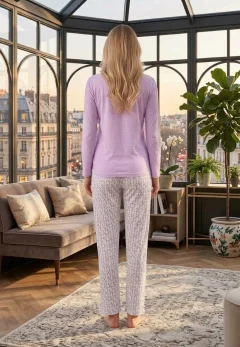 Pijama dama maneca lunga pantalon lungi lila print Glamur