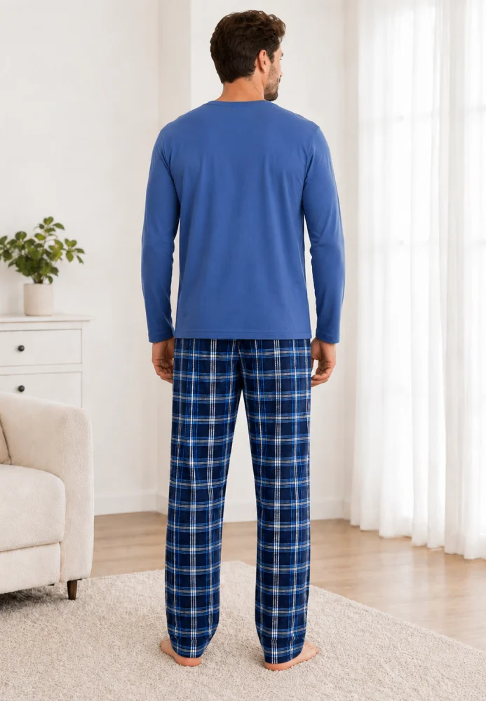 Pijama elegantă bărbați, Bluză albastră cu mânecă lungă și pantaloni în carouri, Loungewear