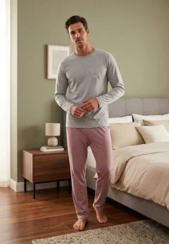 Pijama barbati bluza maneca lunga si pantaloni lungi, gri/nud