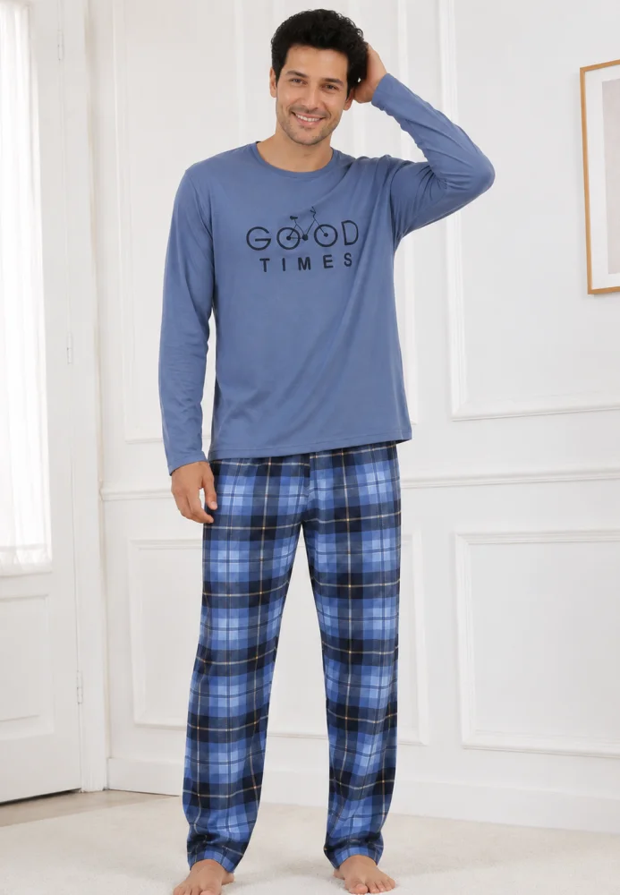 Pijama Bărbați cu Mânecă Lungă, Bluză cu Imprimeu Text și Pantalon în Carouri