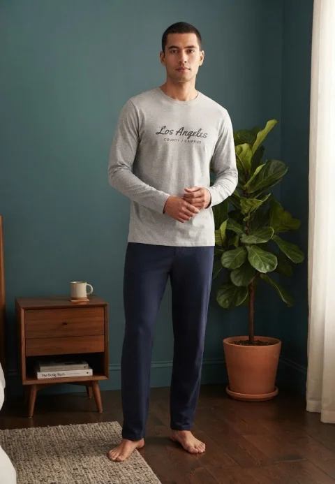 Pijama pentru bărbați, Bluză mânecă lungă cu imprimeu „Los Angeles” și Pantalon lung — imagine 1