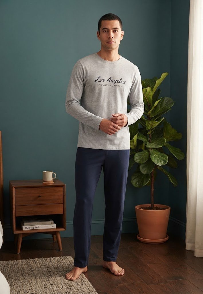 Pijama pentru bărbați, Bluză mânecă lungă cu imprimeu „Los Angeles” și Pantalon lung
