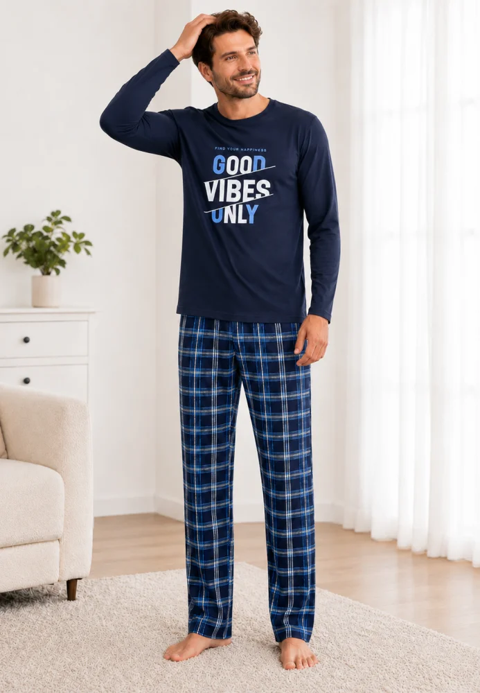 Pijama Bărbați cu Mânecă Lungă, Bluză Imprimeu „Good Vibes Only” și Pantalon în Carouri, Albastru / Bleumarin — imagine 4
