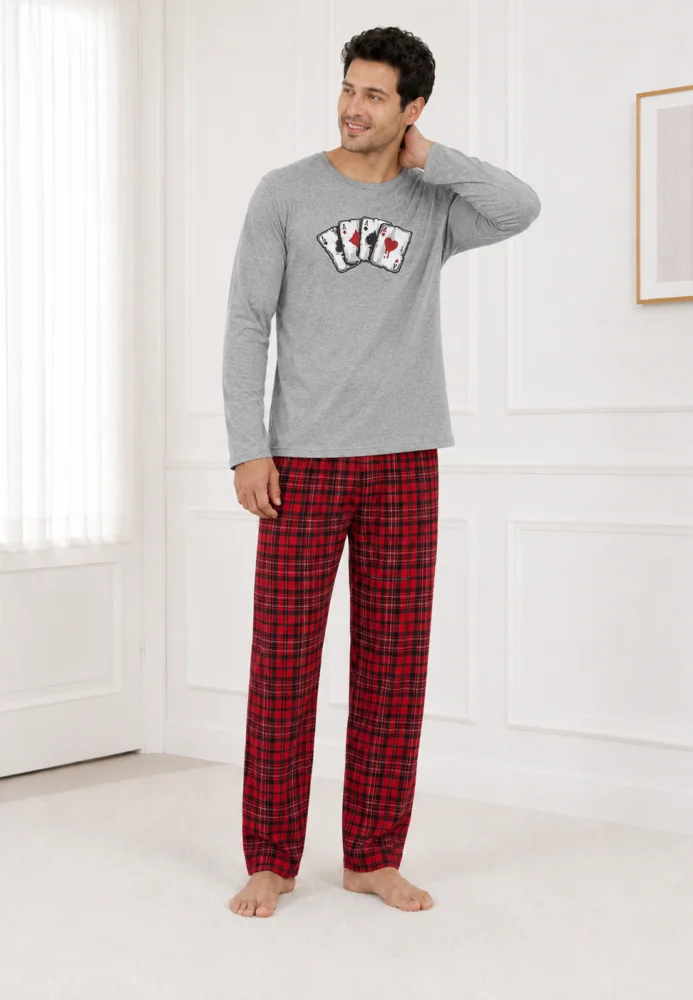 Pijama Bărbați cu Mânecă Lungă, Bluză Gri cu Imprimeu Cărți de Joc și Pantalon în Carouri, Gri / Roșu