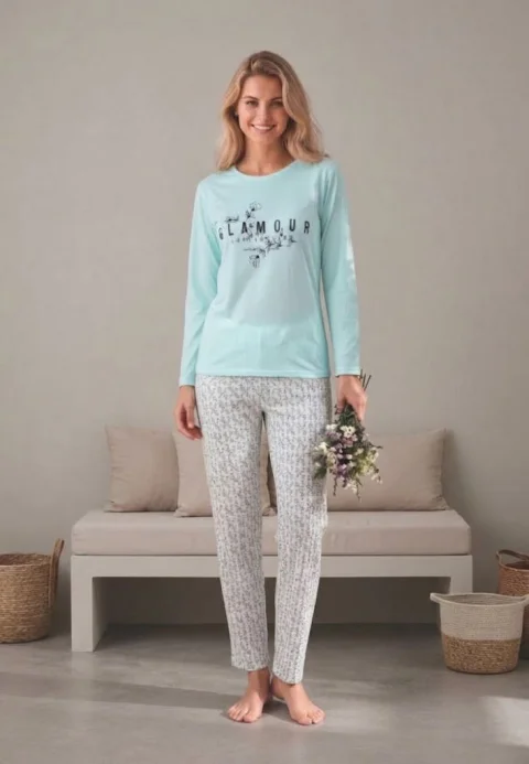 Pijama dama maneca lunga pantalon lungi turcuaz print Glamur — imagine 1
