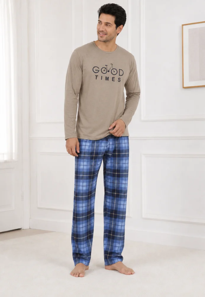 Pijama bărbați, Bluză bej cu mânecă lungă și imprimeu "Good Times", Pantalon lung în carouri albastru/bleumarin