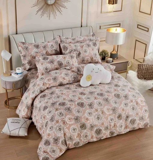 Set Lenjerie de Pat Dublu Finet, 6 Piese – Cearceaf Pilotă, Cearceaf Pat și Fețe de Pernă, Trandafiri Pudră-Bej — imagine 1