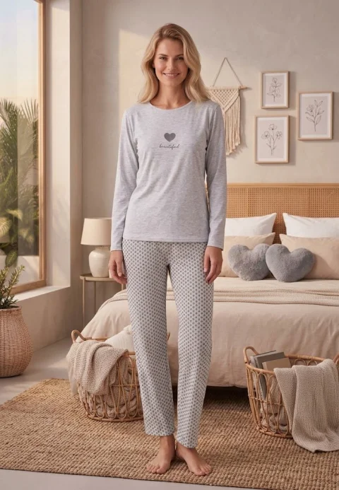 Pijama Damă Gri  bluză mânecă lungă și pantalon Imprimat, 'Beautiful' — imagine 1