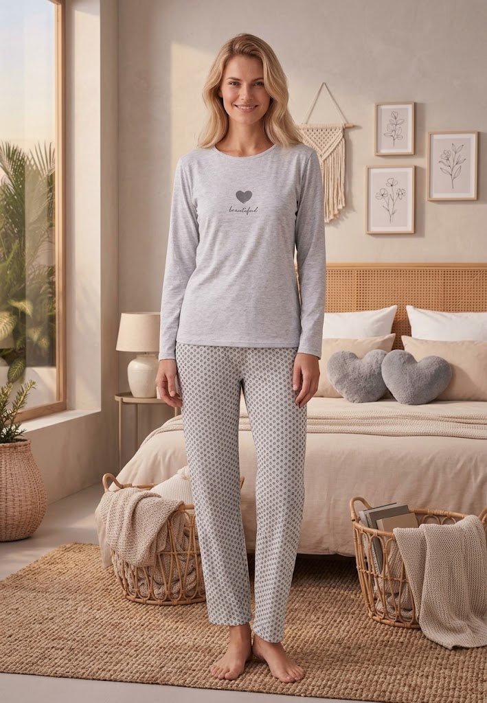 Pijama Damă Gri  bluză mânecă lungă și pantalon Imprimat, 'Beautiful'