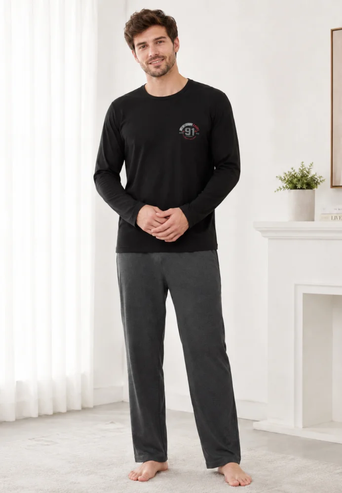 Pijama Bărbați cu Mânecă Lungă, Bluză Neagră cu Imprimeu și Pantalon Lung Gri