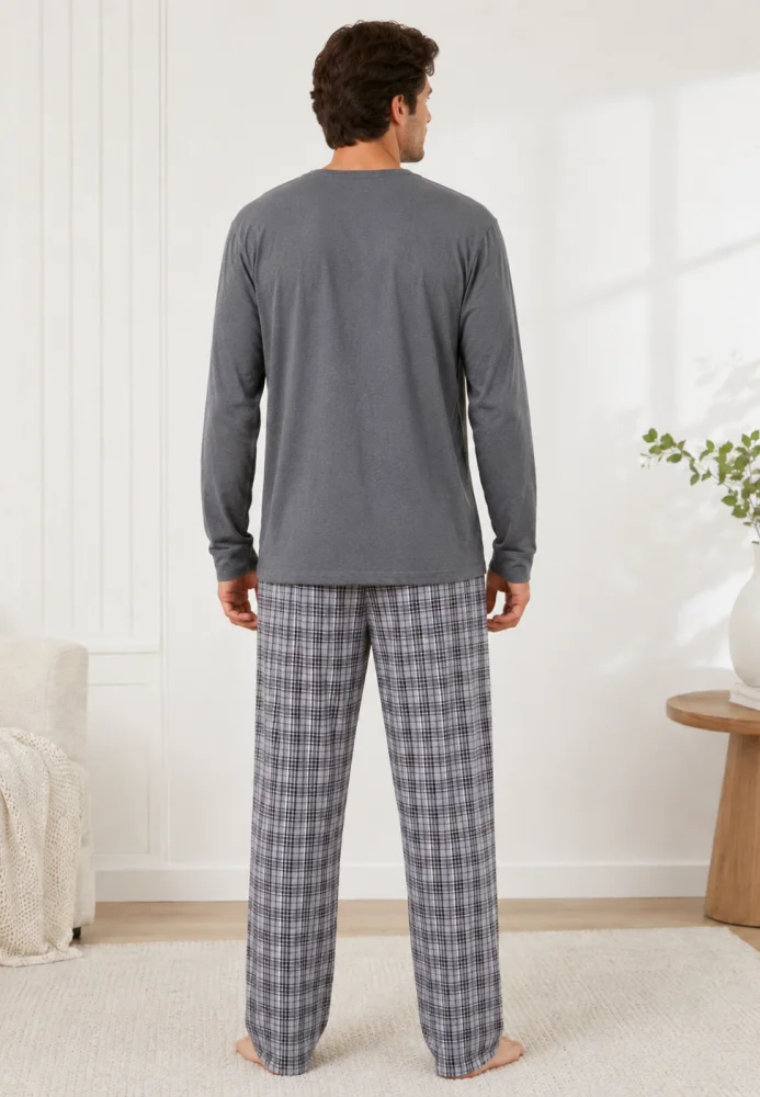 Pijama bărbați, Bluză gri cu imprimeu "California" și mânecă lungă, Pantalon lung în carouri gri — imagine 2