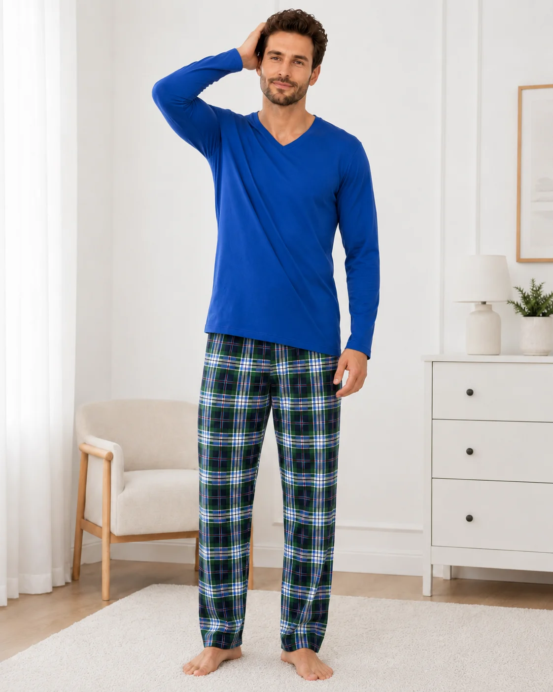 Pijama bărbați, Bluză cu gât în V și mânecă lungă, Pantalon lung în carouri,Albastru — imagine 1