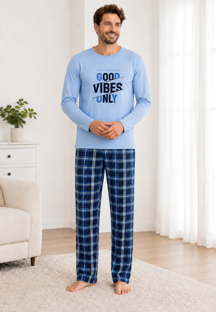 Pijama Bărbați cu Mânecă Lungă, Bluză Imprimeu „Good Vibes Only” și Pantalon în Carouri, Albastru Deschis / Bleumarin — imagine 3