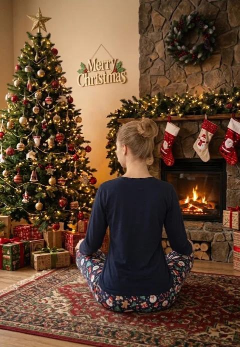 Pijama damă bleumarin de iarnă, cu om de zăpadă, formată din bluză și pantaloni lungi — imagine 2
